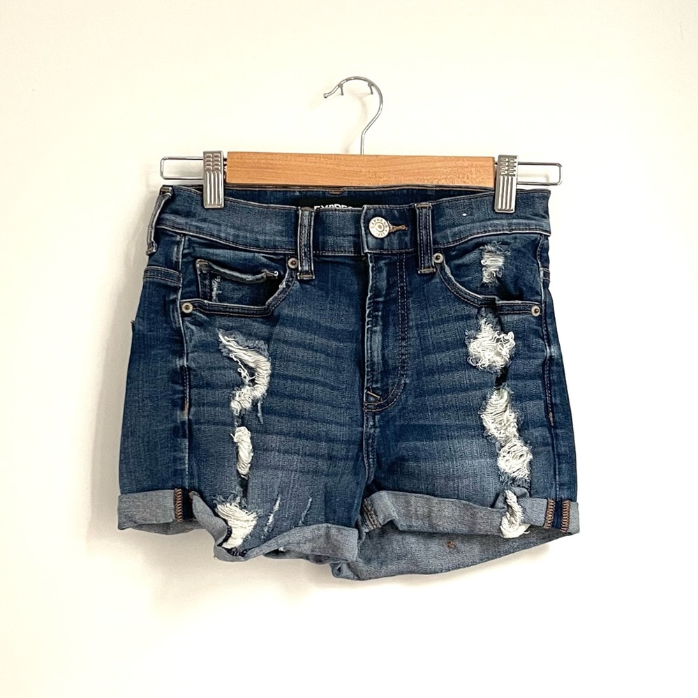 Express Distressed Denim Jean Performance Stretch Shortie High Rise Shorts